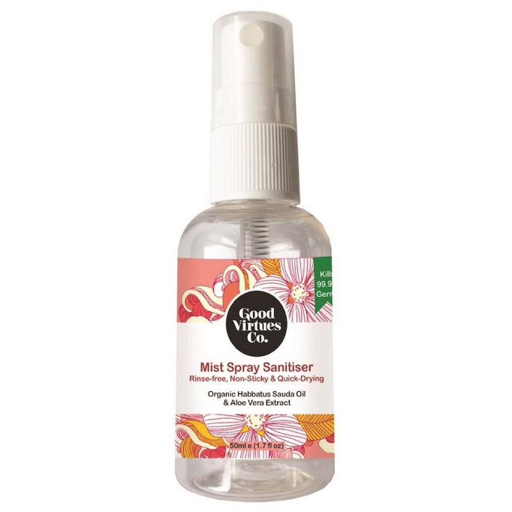 Good Virtues Co. 50ml Mist Spray Sanitiser bottle on a clean white background