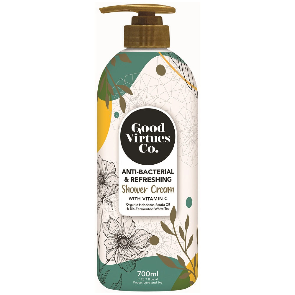 Good Virtues Co. Anti-Bacterial and Refreshing Shower Cream 700ml bottle on a clean background.