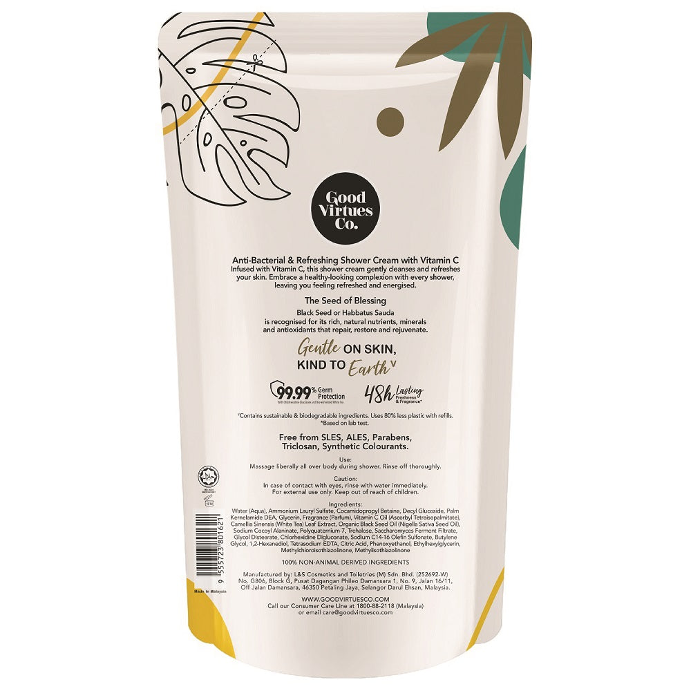Ingredients and directions on back of Good Virtues Co. Anti-Bacterial Shower Cream Refill pack