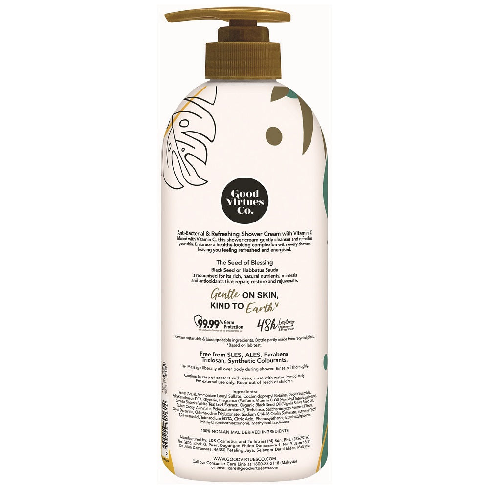 Ingredients and product details on the back label of Good Virtues Co. Anti-Bacterial Shower Cream 700ml.