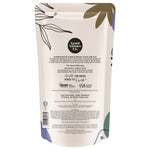 Ingredients list and usage directions on the back of Good Virtues Co. Anti-Bacterial Shower Cream refill pouch.