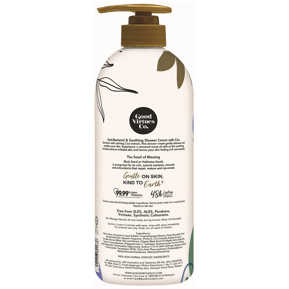 Ingredients and usage instructions on the back label of Good Virtues Co. Anti-Bacterial Shower Cream.