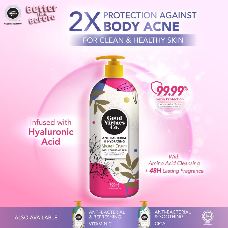 Good Virtues Co. Anti-Bacterial Shower Cream placed on a pink background with iconic icons feature