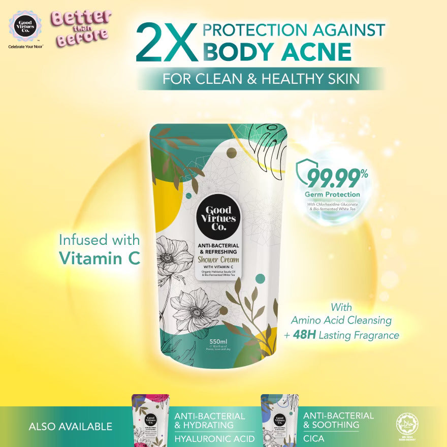Good Virtues Co. Anti-Bacterial and Refreshing Shower Cream on a yellow background