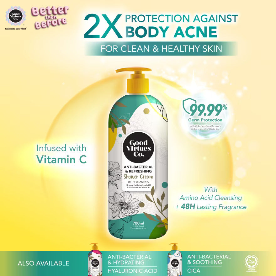 Good Virtues Co. Refreshing Shower Cream bottle placed in a bright yellow background