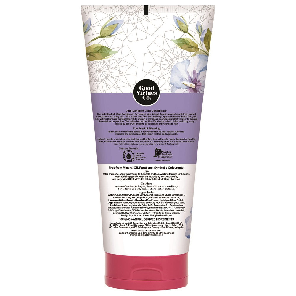 Back view of Good Virtues Co. Anti-Dandruff Care Conditioner 300ml packaging, showing directions for use and Halal-certified ingredients list.