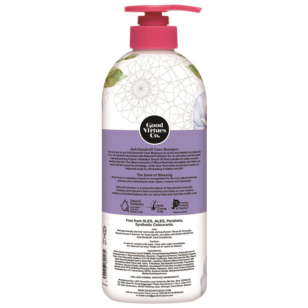 Ingredients list and usage instructions on the back label of Good Virtues Co. Anti-Dandruff Care Shampoo 700ml.