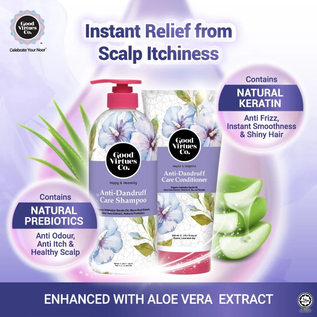Good Virtues Co. shampoo and conditioner with aloe vera extract on a purple background