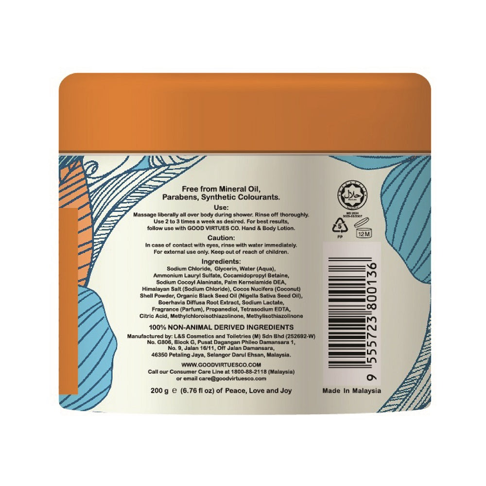 Back of Good Virtues Co. Body Salt Scrub 200g packaging showing ingredients list and Halal certification.