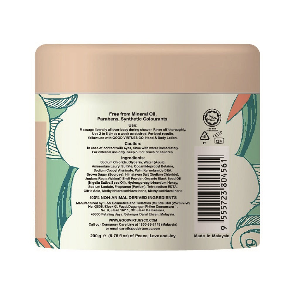 Ingredients list and usage directions on the back of Good Virtues Co. Body Salt Scrub 200g