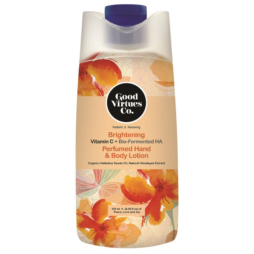 Good Virtues Co. Brightening Perfumed Hand and Body Lotion 120ml bottle on a clean white background.
