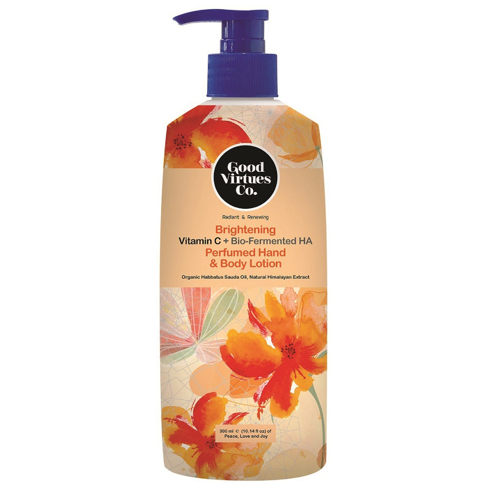 Good Virtues Co. Brightening Perfumed Hand & Body Lotion 300ml bottle on a white background.
