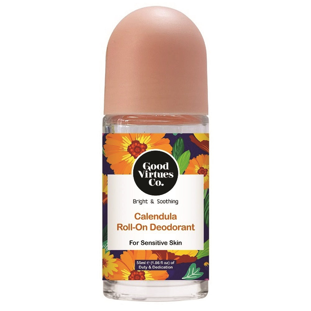 Front view of Good Virtues Co. Calendula Roll-On Deodorant 55ml bottle against a clean background.