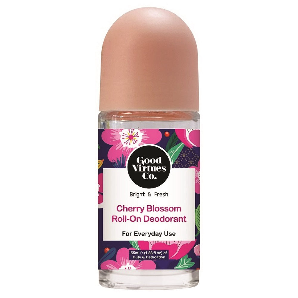 Good Virtues Co. Cherry Blossom Roll-On Deodorant 55ml bottle against a clean white background.