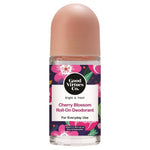 Good Virtues Co. Cherry Blossom Roll-On Deodorant 55ml bottle against a clean white background.