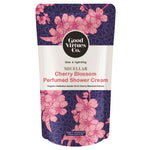 Good Virtues Co. Cherry Blossom Perfumed Shower Cream 550ml refill pouch standing upright on a clean background.