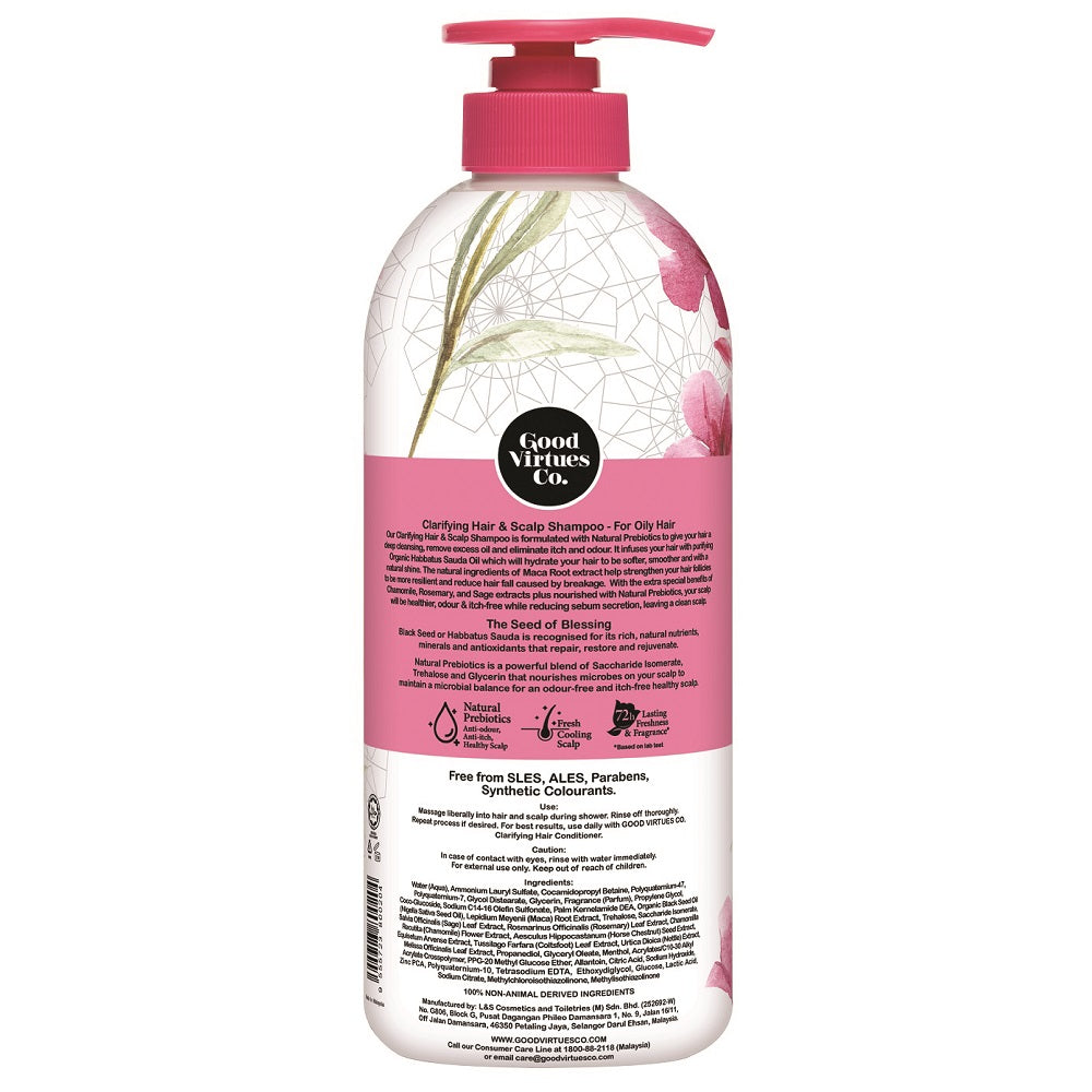 Ingredients list and usage instructions on the back label of Good Virtues Co. Clarifying Shampoo 700ml.