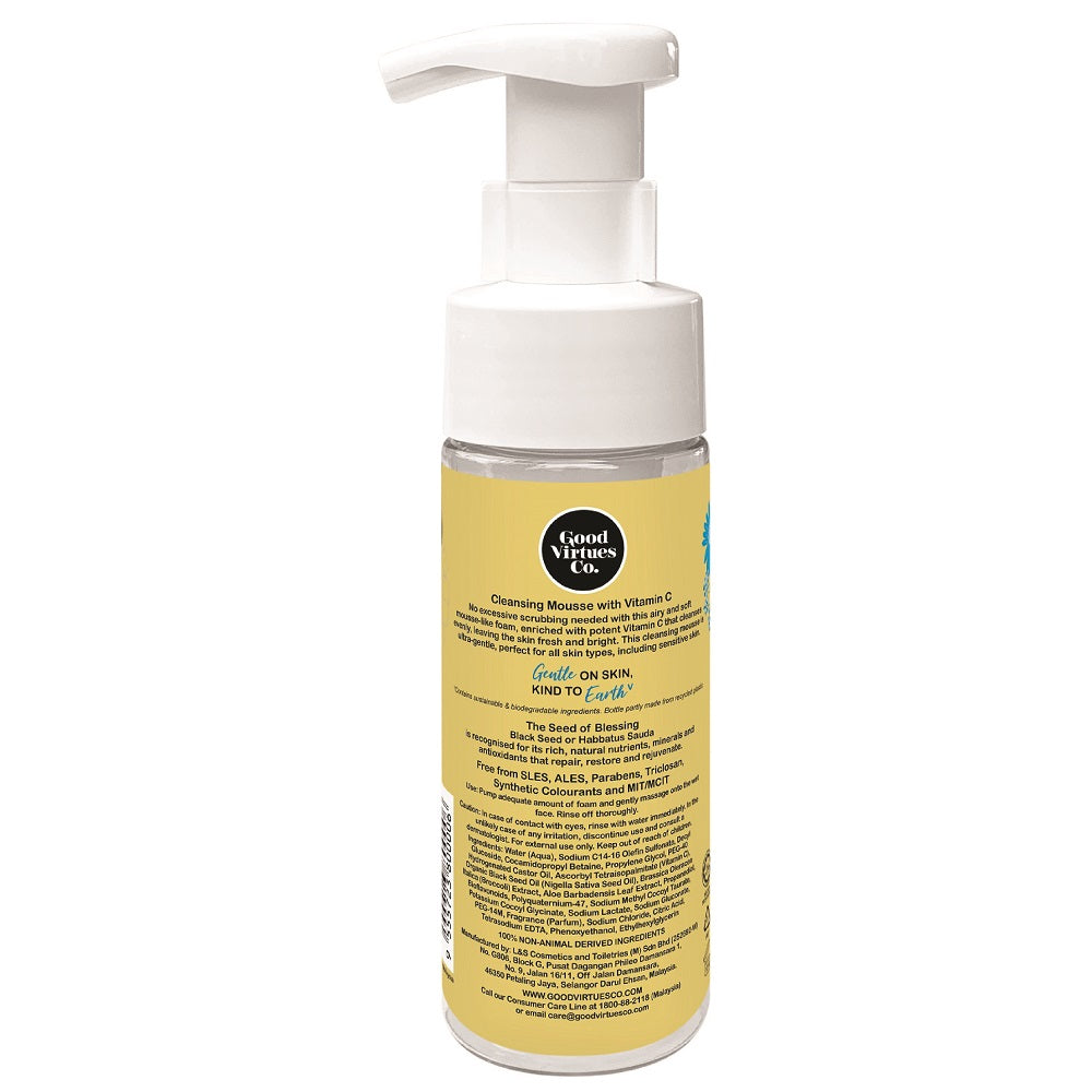 Product benefits infographic for Good Virtues Co. Cleansing Mousse highlighting its hydrating and purifying skincare ingredients.