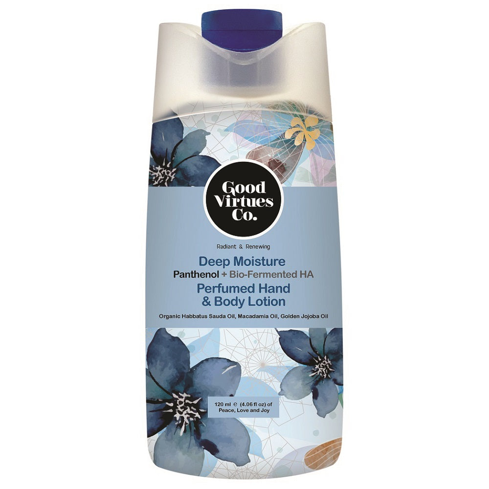 Front view of Good Virtues Co. Deep Moisture Perfumed Hand and Body Lotion 120ml bottle on a clean white background.