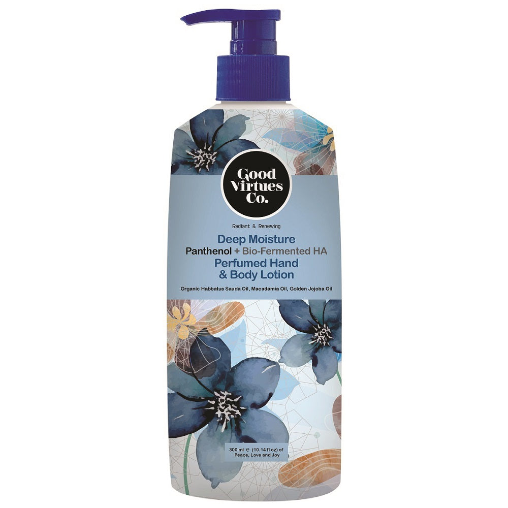 Good Virtues Co. Deep Moisture Perfumed Hand and Body Lotion 300ml bottle on a clean background.