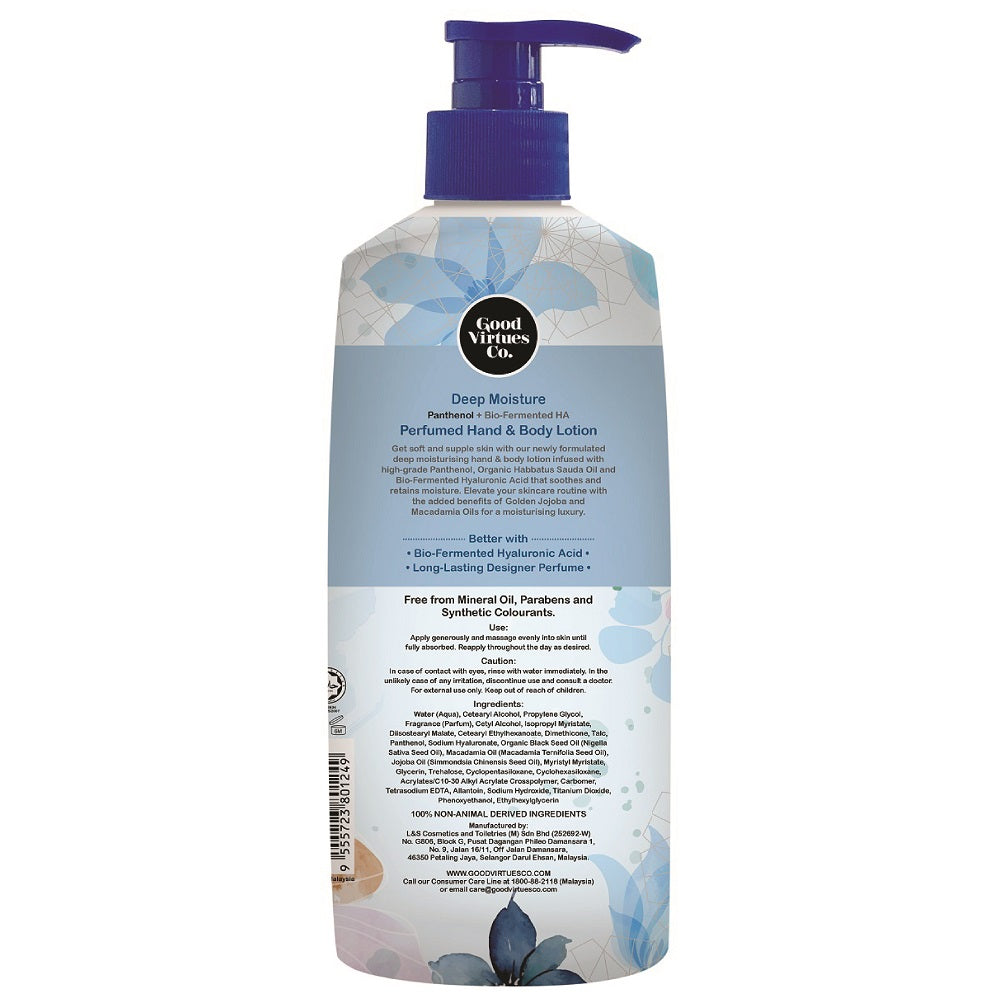 Ingredients list and product details on the back of Good Virtues Co. Deep Moisture Lotion 300ml.