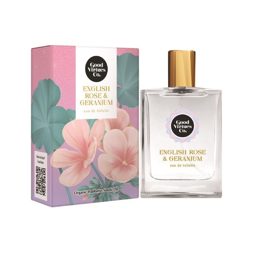 Good Virtues Co. English Rose and Geranium Eau de Toilette 50ml bottle standing next to its floral packaging box.