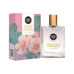 Good Virtues Co. English Rose and Geranium Eau de Toilette 50ml bottle standing next to its floral packaging box.