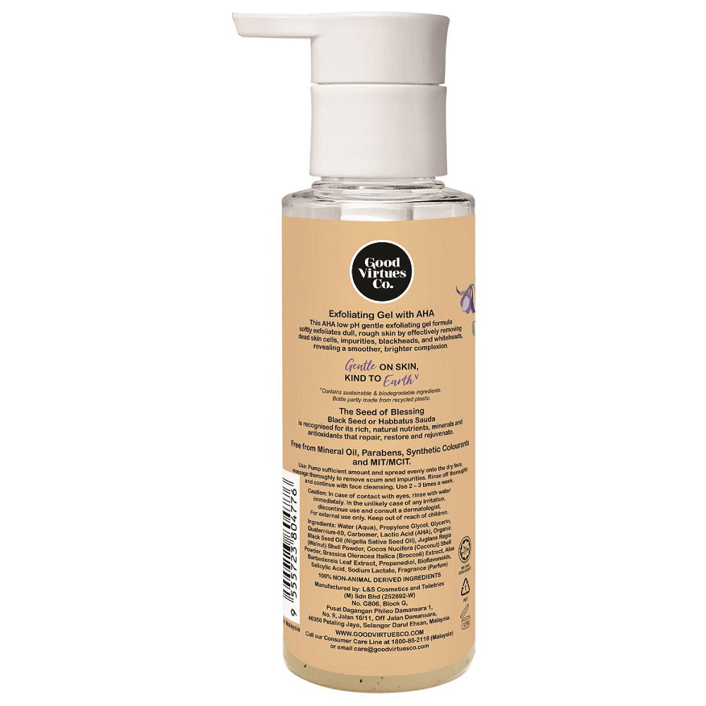 Ingredients and usage information on the back bottle of Good Virtues Co. Exfoliating Gel Face Scrub (100ml)