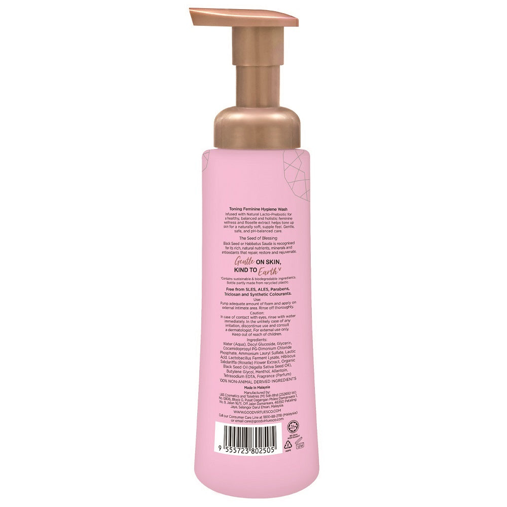 Back label of Good Virtues Co. Toning Feminine Wash 150ml showing ingredients and usage directions.