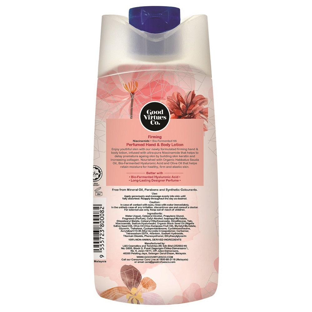 Ingredients and product details on the back label of Good Virtues Co. Firming Hand & Body Lotion.