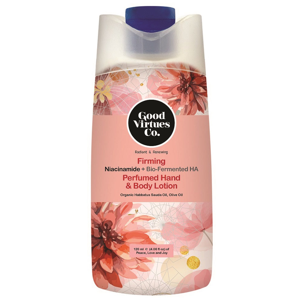Good Virtues Co. Firming Perfumed Hand & Body Lotion 120ml bottle against a clean background.