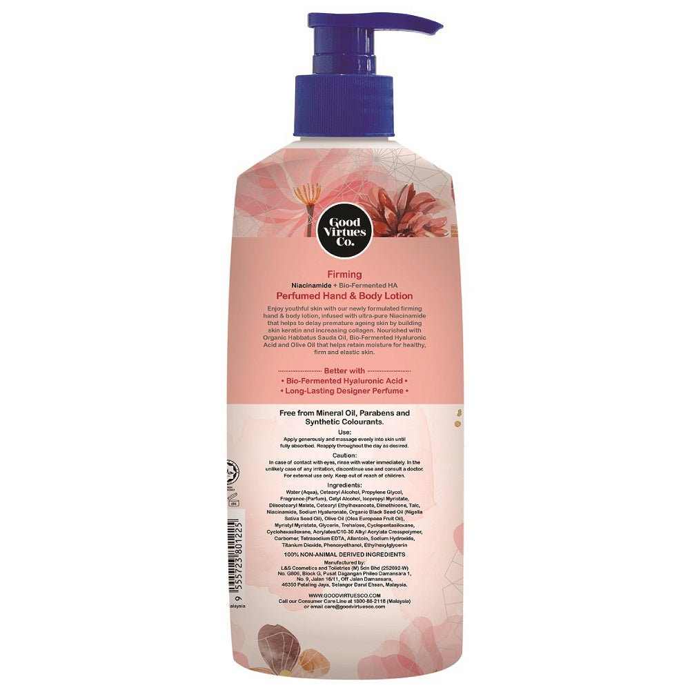 Close-up of the back label of Good Virtues Co. Firming Hand and Body Lotion showing ingredients and usage method.