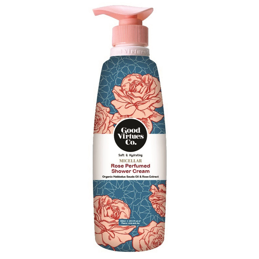 Good Virtues Co. Rose Perfumed Shower Cream 650ml pump bottle on a white background.