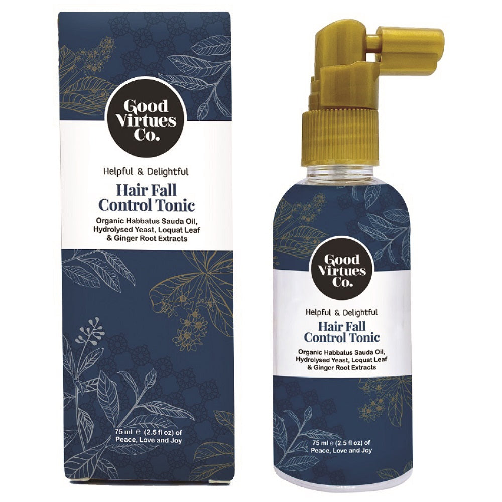 Good Virtues Co. Hair Fall Control Tonic 75ml bottle against a clean white background