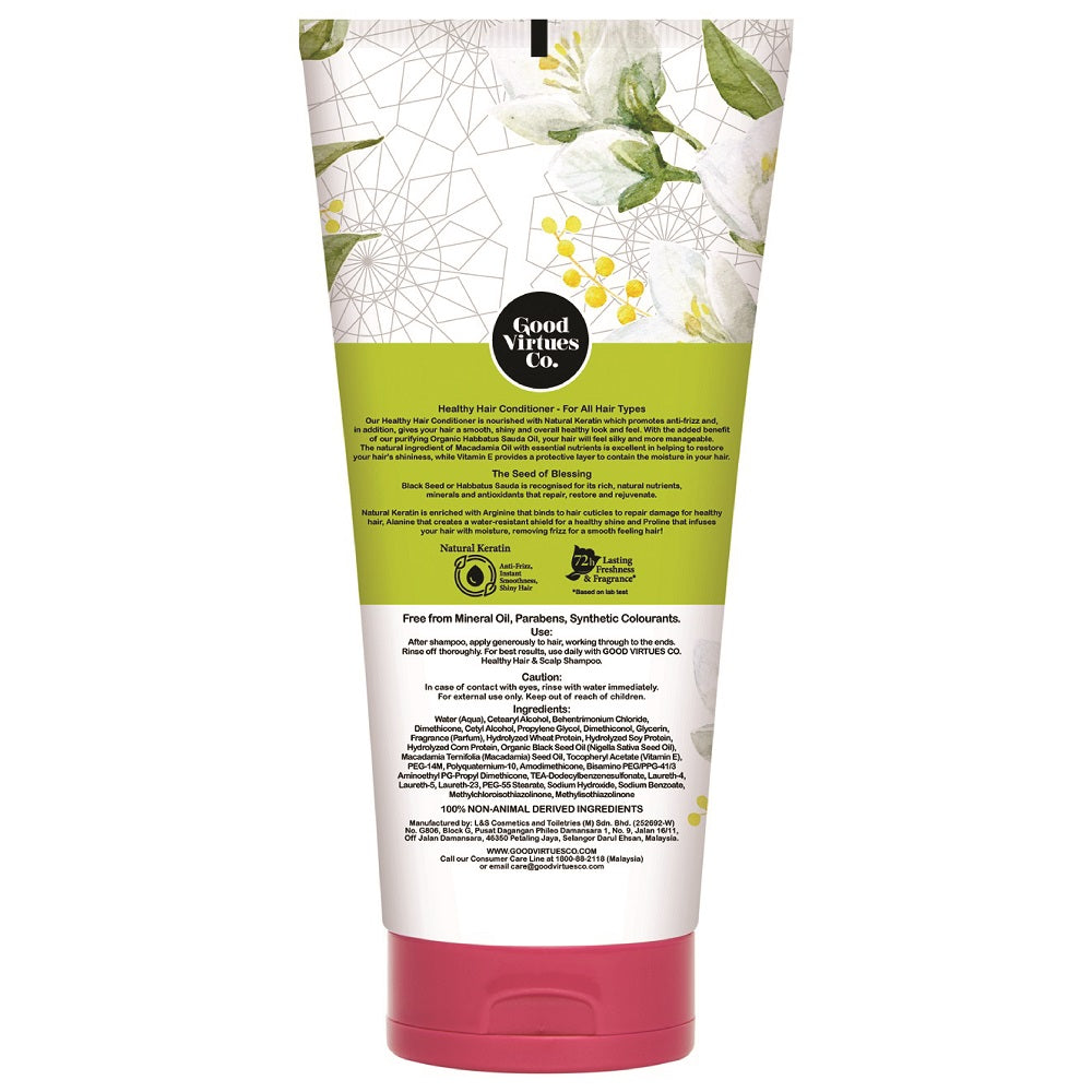 Close-up of the back label on Good Virtues Co. Healthy Hair Conditioner showing ingredients and usage instructions.