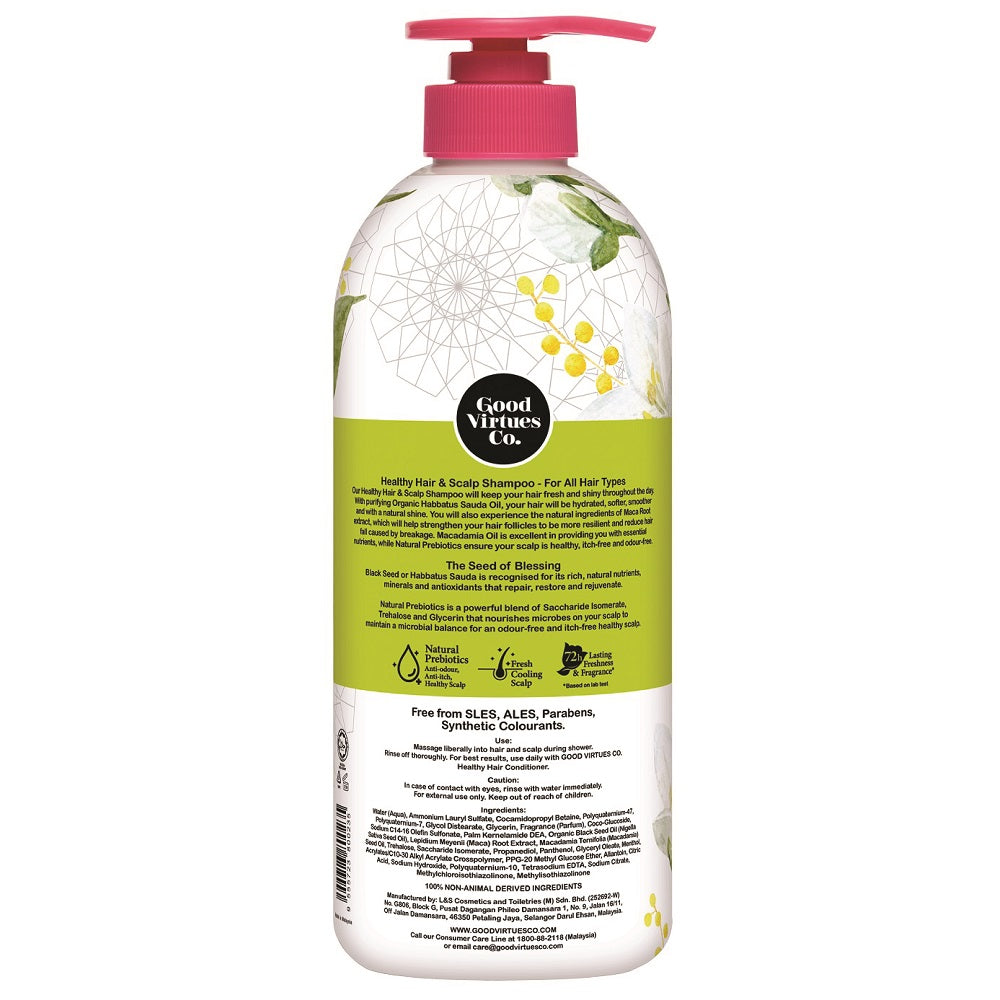 Back label on Good Virtues Co. Healthy Hair & Scalp Shampoo showing ingredients.