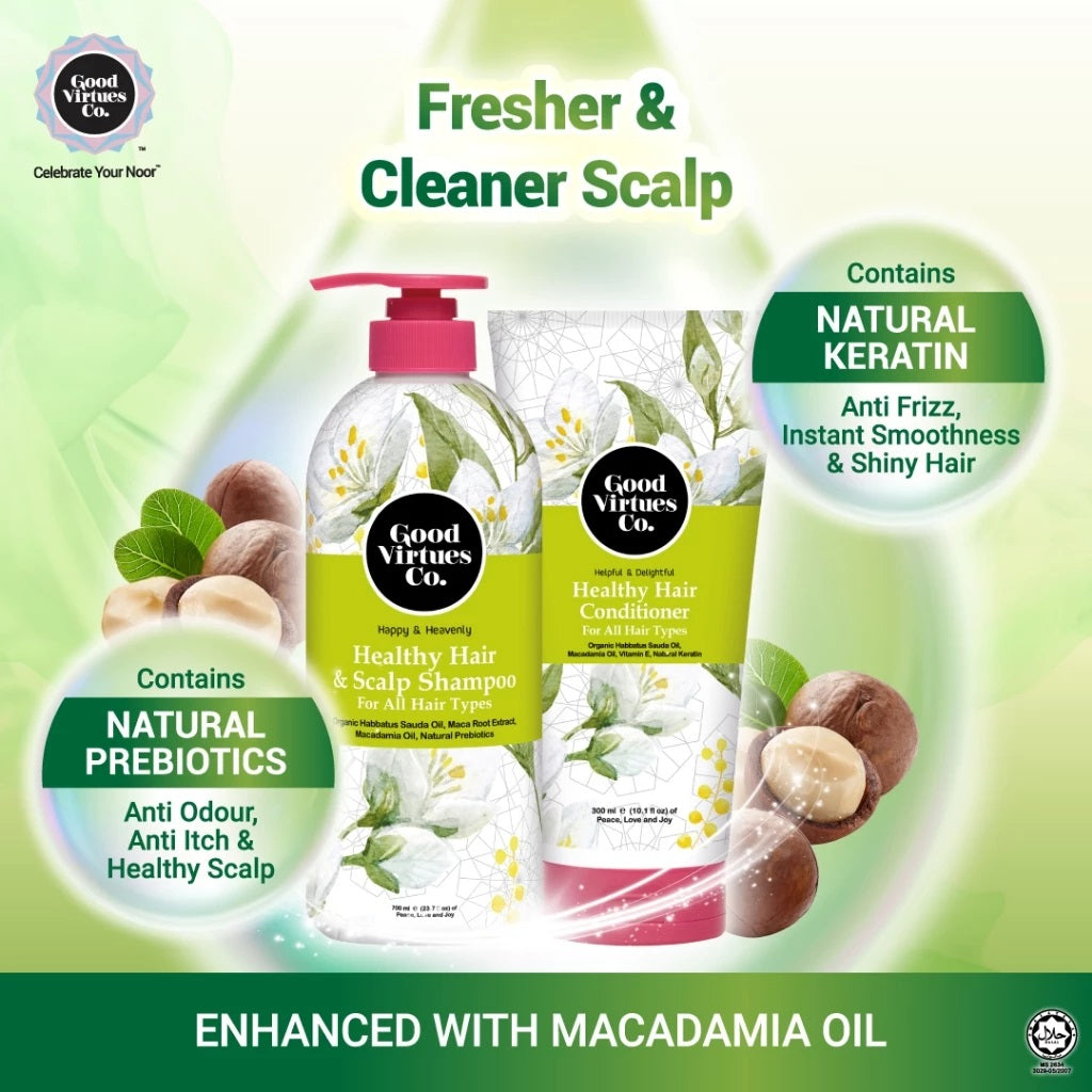 Good Virtues Co. hair care products with green and white background