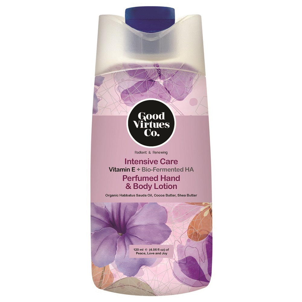 Good Virtues Co. Intensive Care Perfumed Hand & Body Lotion 120ml bottle against a clean background.
