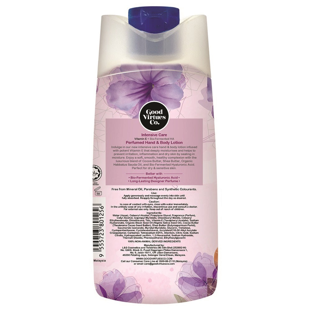 Ingredients and usage instructions on the back label of Good Virtues Co. Intensive Care Lotion 120ml.