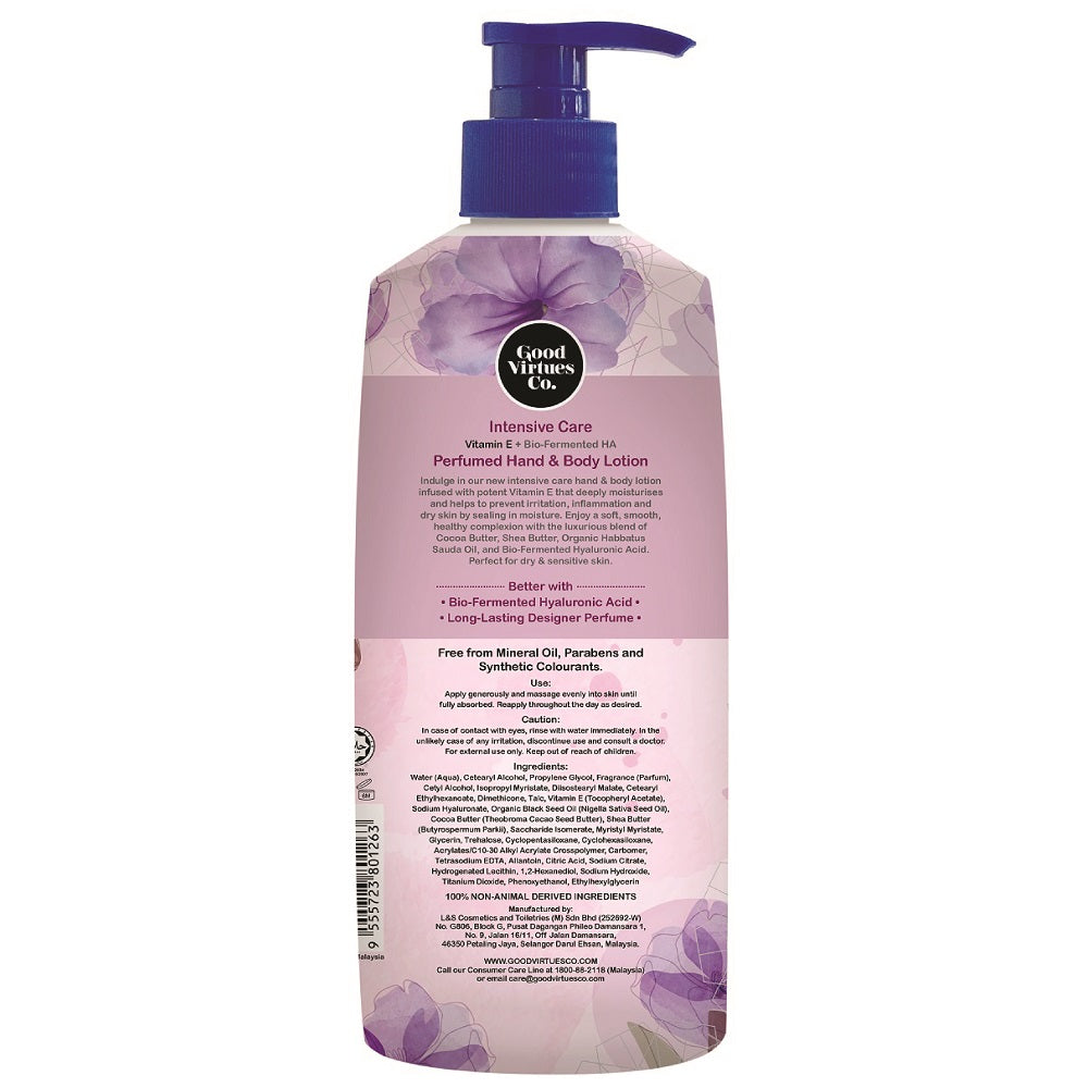 Back label of Good Virtues Co. Intensive Care Hand and Body Lotion 300ml showing ingredients and directions for use.