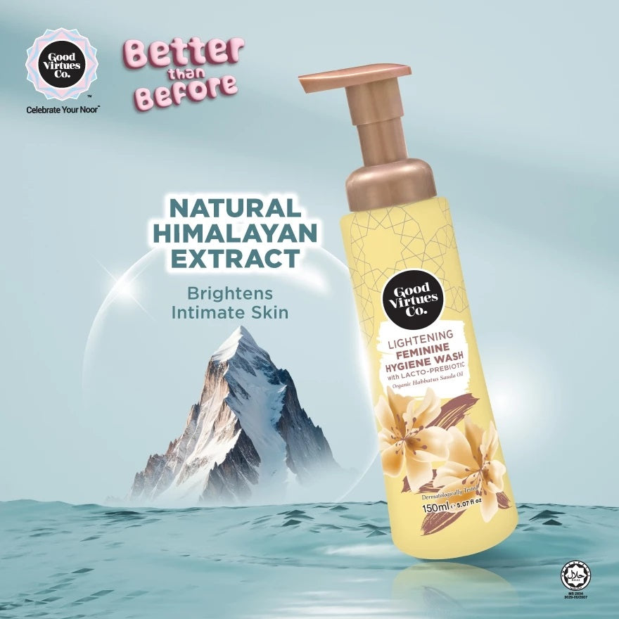 Good Menses Co. Natural Himalayan Extract Lightening Feminine Hygiene Wash in a 150ml pump bottle, shown floating over a stylized graphic of a mountain and water with promotional text.