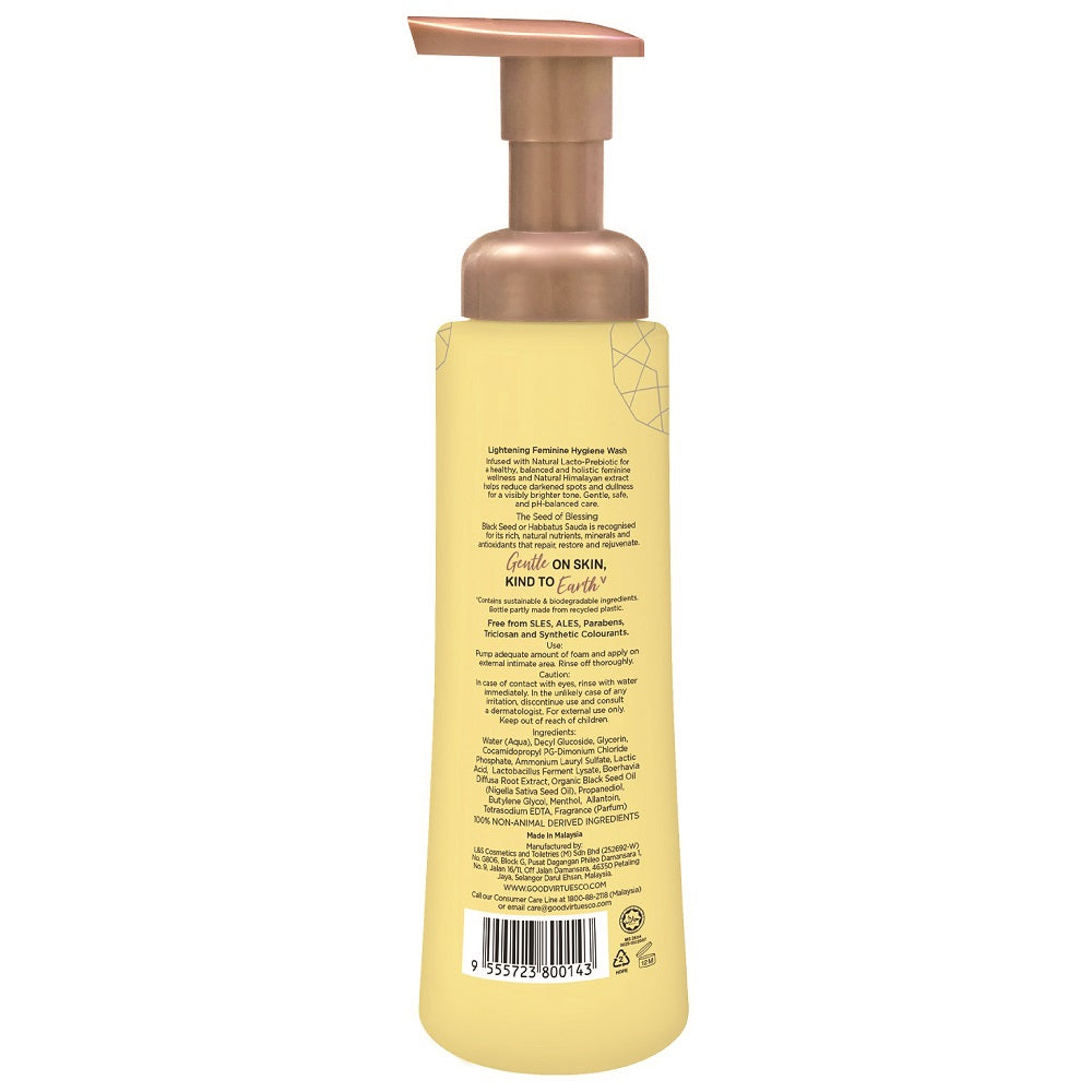 Ingredients list and usage instructions on the back of Good Virtues Co. Feminine Wash packaging.