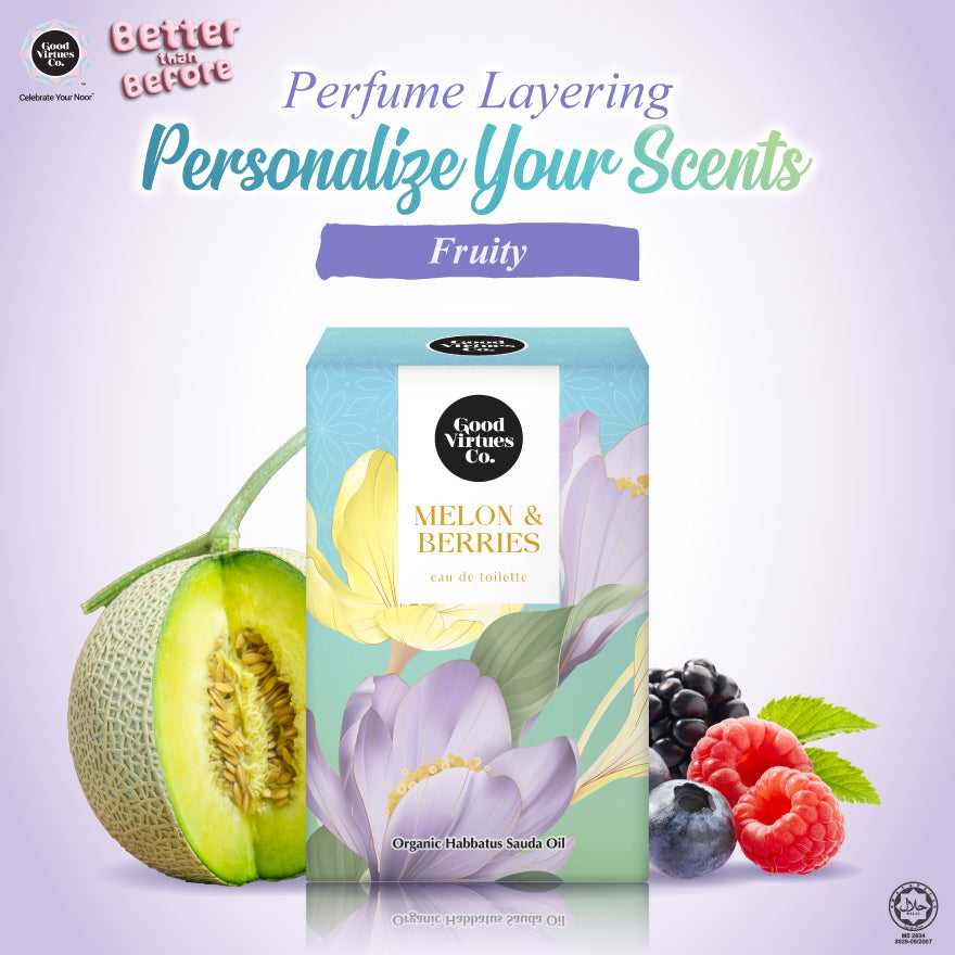 A product advertisement for Good Vines Co. 'Melon & Berries' perfume layering oil.