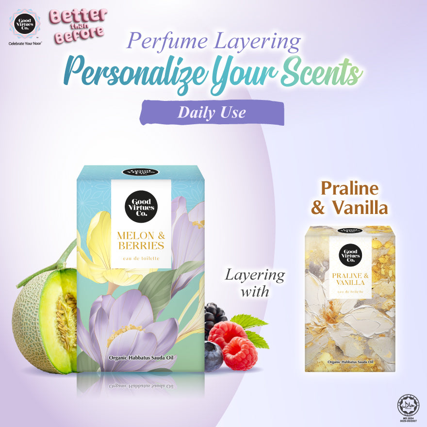 Promotional graphic for Good Wines & Cider perfume layering with personalized scents, showing two product boxes: Melon & Berries on the left with melon, berries, and flowers, and Praline & Vanilla on the right with floral artwork. Text reads 'Perfume Layering Personalize Your Scents Daily Use' and 'Layering with'.
