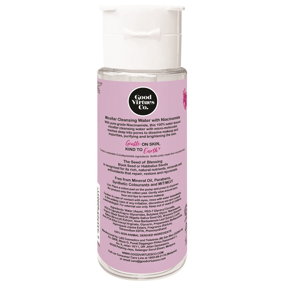 Back label of Good Virtues Co. Micellar Cleansing Water 150ml showing ingredients and usage directions.