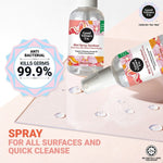 Close-up of a person spraying the fine mist of Good Virtues Co. anti-bacterial sanitiser