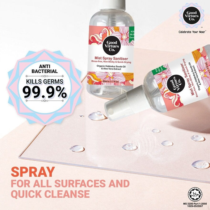 Close-up of a person spraying the fine mist of Good Virtues Co. anti-bacterial sanitiser