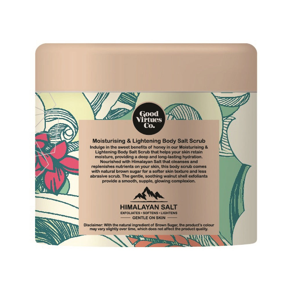 Body salt scrub packaging with botanical design and 'Good Virtues Co' branding.