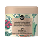 Body salt scrub packaging with botanical design and 'Good Virtues Co' branding.