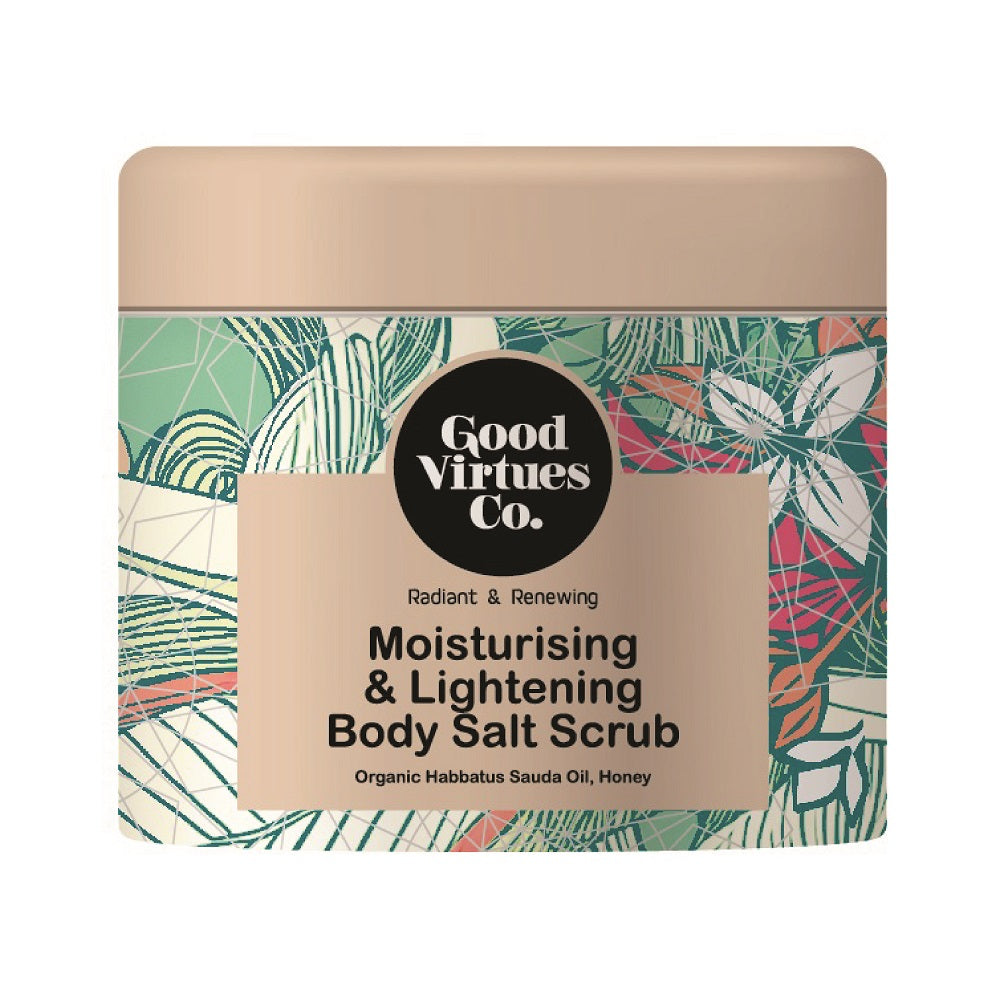Good Virtues Co. Moisturising and Lightening Body Salt Scrub 200g tub on a clean background